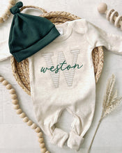 Load image into Gallery viewer, Personalized neutral baby romper and hat set, custom infant boy coming home outfit, baby shower gift, sleeper with footies Green Christmas
