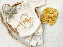 Load image into Gallery viewer, Personalized baby girl romper and hat set vintage floral infant coming home outfit baby shower gift, sleeper with footies custom name yellow
