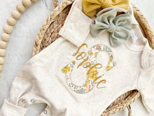 Load image into Gallery viewer, Personalized baby girl romper and hat set vintage floral infant coming home outfit baby shower gift, sleeper with footies custom name yellow
