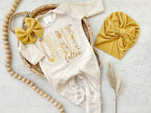 Load image into Gallery viewer, Personalized baby girl romper and bow, yellow infant girl coming home outfit custom name, baby shower gift sleeper with footies, sage green
