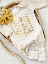 Load image into Gallery viewer, Personalized baby girl romper and bow, yellow infant girl coming home outfit custom name, baby shower gift sleeper with footies, sage green
