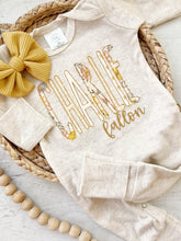 Load image into Gallery viewer, Personalized baby girl romper and bow, yellow infant girl coming home outfit custom name, baby shower gift sleeper with footies, sage green
