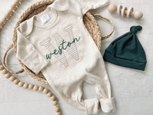 Load image into Gallery viewer, Personalized neutral baby romper and hat set, custom infant boy coming home outfit, baby shower gift, sleeper with footies Green Christmas
