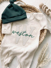 Load image into Gallery viewer, Personalized neutral baby romper and hat set, custom infant boy coming home outfit, baby shower gift, sleeper with footies Green Christmas
