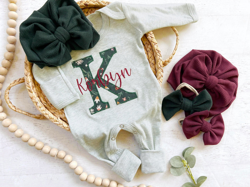 Personalized baby girl romper and hat set, vintage floral infant coming home outfit, baby shower gift, sleeper with footies, custom name