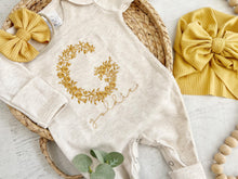 Load image into Gallery viewer, Personalized oatmeal baby romper and hat set, custom name coming home outfit, floral letter baby girl outfit baby shower gift neutral yellow
