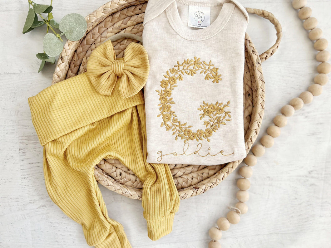 Personalized Golden yellow newborn outfit,custom name girl, coming home outfit for baby girl, baby girl outfit hospital outfit girl bodysuit