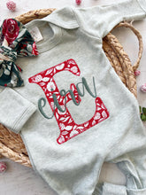 Load image into Gallery viewer, Personalized baby girl romper and set vintage floral infant coming home outfit, baby shower gift sleeper with footies, custom name Christmas
