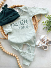 Load image into Gallery viewer, Personalized light sage green baby outfit vintage stitch romper with hat, custom baby boy coming home outfit baby shower gift christmas baby
