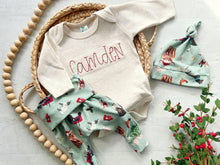 Load image into Gallery viewer, Personalized newborn outfit custom name boy girl coming home outfit for baby boy girl outfit hospital outfit boy Christmas characters farm
