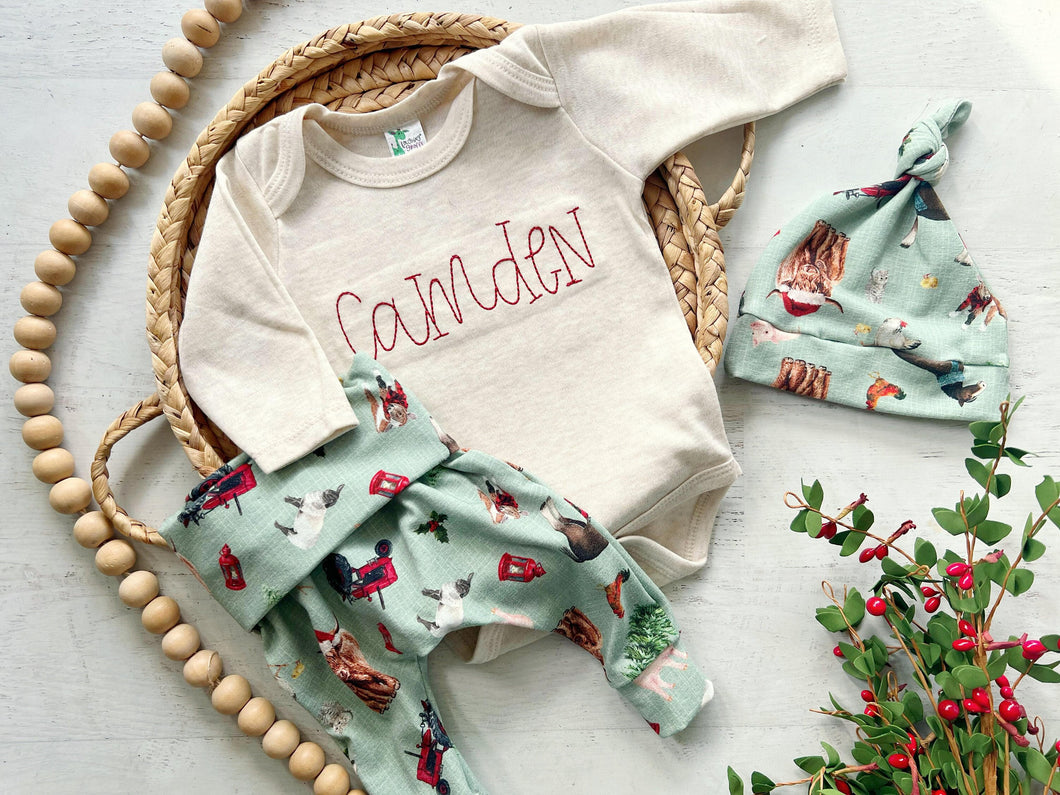 Personalized newborn outfit custom name boy girl coming home outfit for baby boy girl outfit hospital outfit boy Christmas characters farm