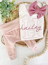 Load image into Gallery viewer, Personalized pink newborn outfit,custom name girl, coming home outfit for baby girl, baby girl outfit, hospital outfit girl, family pictures
