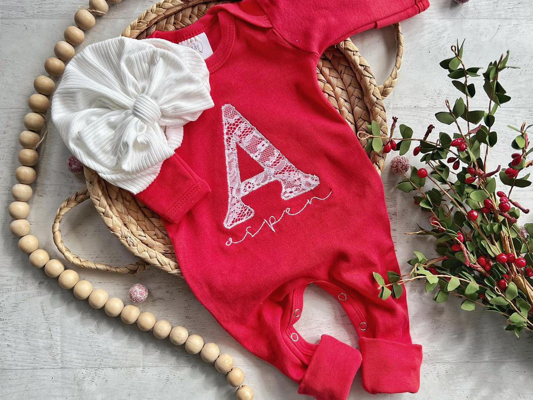 Personalized red baby romper and bow set, custom coming home outfit, white lace girl outfit, baby shower gift, neutral baby Christmas outfit