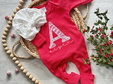 Load image into Gallery viewer, Personalized red baby romper and bow set, custom coming home outfit, white lace girl outfit, baby shower gift, neutral baby Christmas outfit
