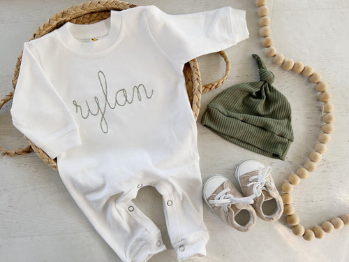 Personalized green and white vintage stitch boy romper with hat custom boy coming home outfit baby shower gift