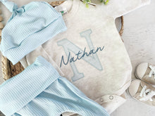 Load image into Gallery viewer, Personalized baby outfit and hat set, custom infant boy coming home outfit, baby shower gift, sleeper with footies baby blue, bodysuit
