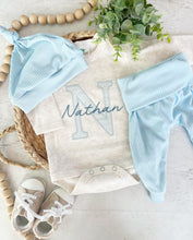 Load image into Gallery viewer, Personalized baby outfit and hat set, custom infant boy coming home outfit, baby shower gift, sleeper with footies baby blue, bodysuit
