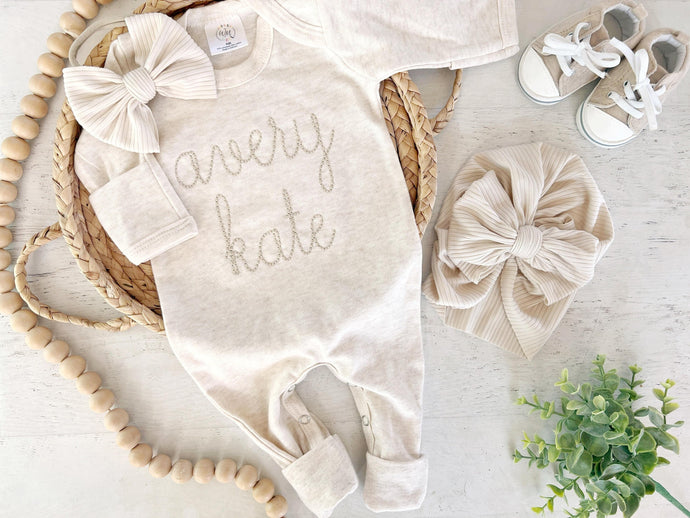 Personalized oatmeal and beige vintage stitch romper with bow or hat, custom gender neutral coming home outfit, baby shower gift