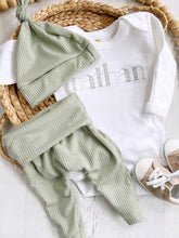 Load image into Gallery viewer, Personalized green and beige newborn outfit,custom name boy girl, coming home outfit for baby boy, baby girl outfit, hospital outfit for boy
