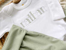 Load image into Gallery viewer, Personalized green and beige newborn outfit,custom name boy girl, coming home outfit for baby boy, baby girl outfit, hospital outfit for boy
