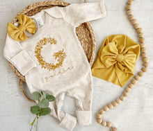 Load image into Gallery viewer, Personalized oatmeal baby romper and hat set, custom name coming home outfit, floral letter baby girl outfit baby shower gift neutral yellow
