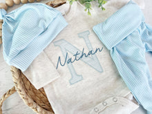 Load image into Gallery viewer, Personalized baby outfit and hat set, custom infant boy coming home outfit, baby shower gift, sleeper with footies baby blue, bodysuit
