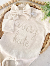 Load image into Gallery viewer, Personalized oatmeal and beige vintage stitch romper with bow or hat, custom gender neutral coming home outfit, baby shower gift
