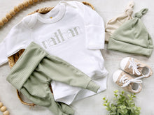 Load image into Gallery viewer, Personalized green and beige newborn outfit,custom name boy girl, coming home outfit for baby boy, baby girl outfit, hospital outfit for boy
