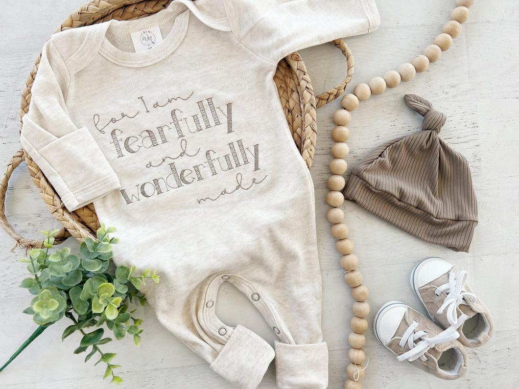 Personalized oatmeal taupe romper with handmade bow hat custom gender neutral coming home outfit baby shower gift fearfully wonderfully made