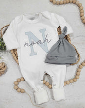 Load image into Gallery viewer, Personalized baby romper and hat set, custom infant boy coming home outfit baby shower gift, oatmeal sleeper with footies blue gray baby boy
