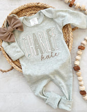 Load image into Gallery viewer, Personalized baby girl romper and bow, pink infant girl coming home outfit, custom name, baby shower gift, sleeper with footies, sage green
