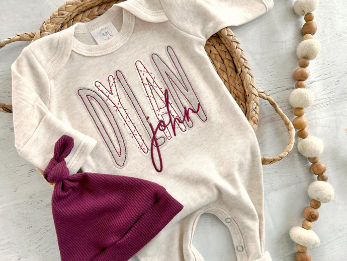 Personalized romper baby boy oufit and hat set, custom boy coming home outfit summer baby outfit, baby shower gift, sleeper with footies red