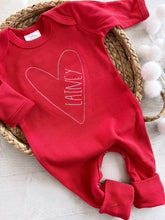 Load image into Gallery viewer, Personalized baby name outfit valentines day heart stitch girl romper with bow or turban, custom coming home outfit, baby shower gift
