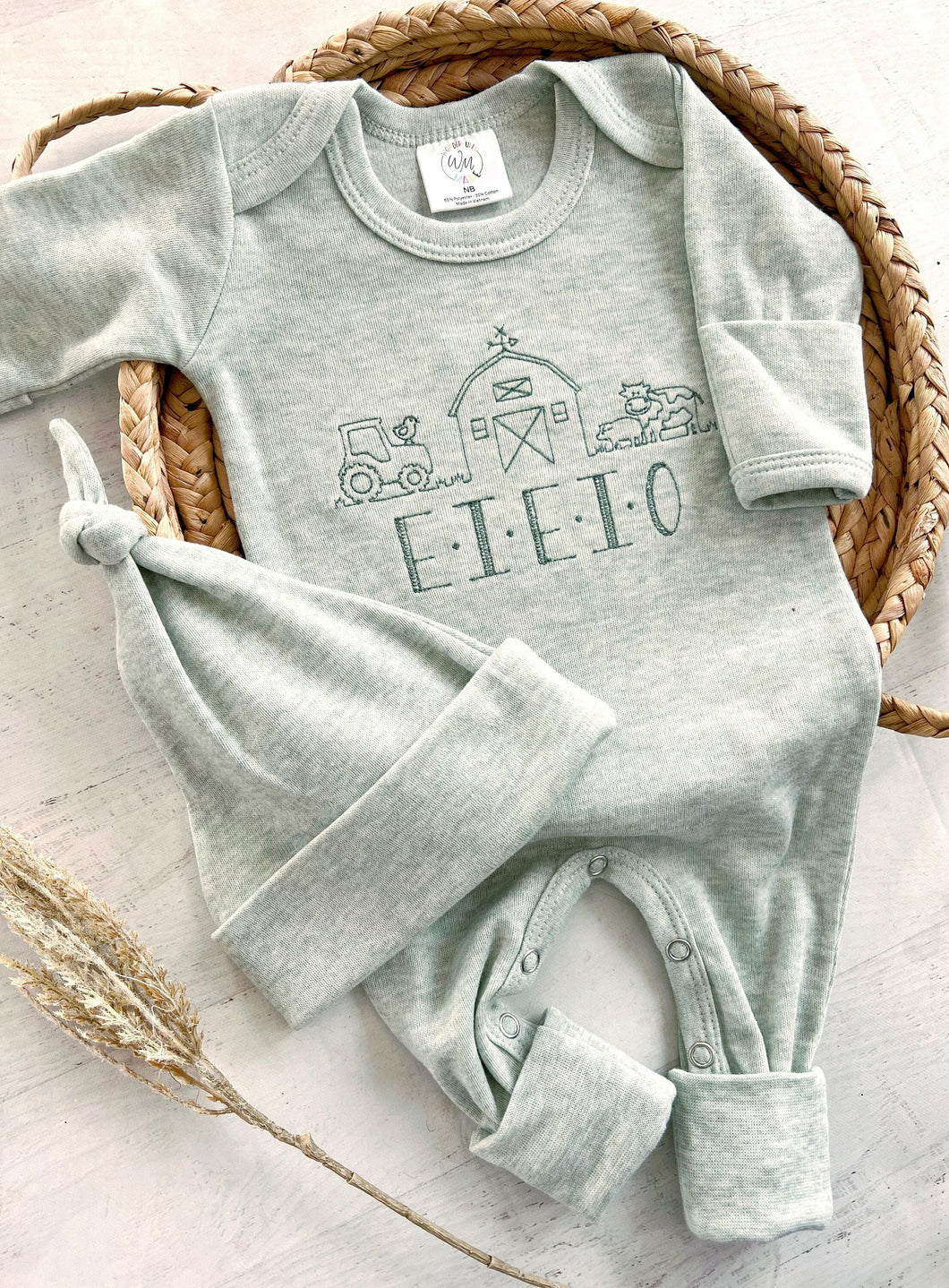 Personalized neutral baby romper and hat set, custom infant boy coming home outfit, baby shower gift, sleeper with footies, farm baby