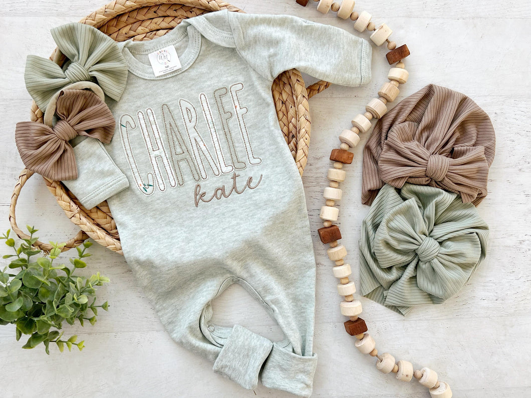 Custom Baby Name Romper on light green heather baby girl outfit personalized