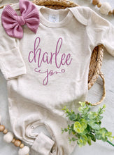 Load image into Gallery viewer, Personalized oatmeal romper with bow, custom girl coming home outfit baby shower gift custom baby name outfit handmade bow, newborn pictures
