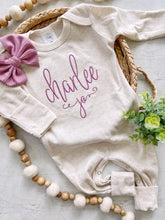 Load image into Gallery viewer, personalized baby name outfit with handmade bow custom baby girl outfit
