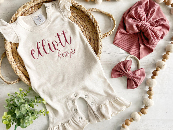 Personalized baby girl romper, vintage floral infant coming home outfit, baby shower gift, newborn outfit ruffle flutter, custom name