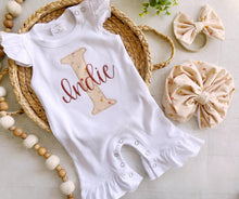 Load image into Gallery viewer, Personalized baby girl romper, vintage floral infant coming home outfit, baby shower gift, newborn outfit ruffle flutter, custom name summer
