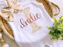 Load image into Gallery viewer, Personalized baby girl romper, vintage floral infant coming home outfit, baby shower gift, newborn outfit ruffle flutter, custom name summer
