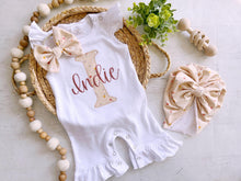 Load image into Gallery viewer, personalized baby shower gift baby girl white summer romper with ruffles custom name monogram
