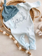 Load image into Gallery viewer, Personalized oatmeal and sage vintage stitch romper with hat, custom baby boy coming home outfit, baby shower gift
