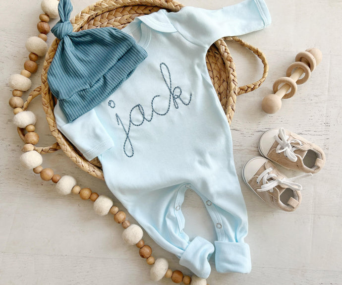 personalized Baby boy baby shower gift blue romper with custom name in vintage stitch