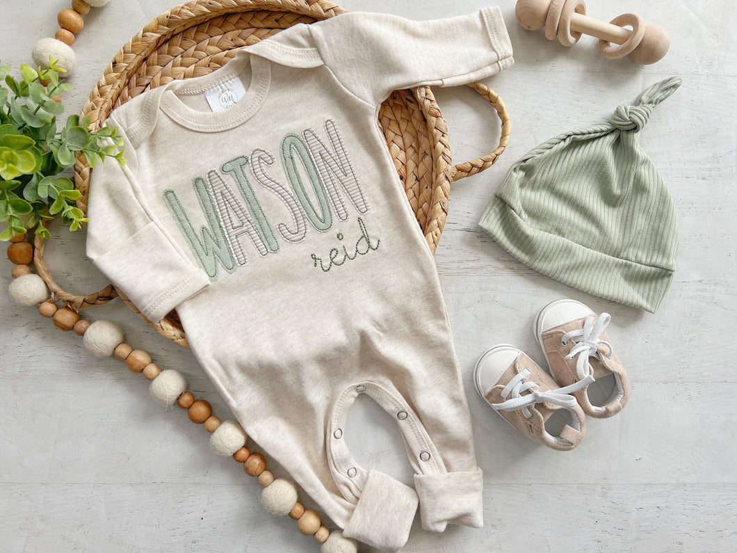 Personalized romper baby boy outfit and hat set, custom boy coming home outfit summer baby outfit, baby shower gift, sleeper with footies