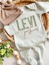 Load image into Gallery viewer, Personalized green and taupe newborn outfit, coming home outfit for baby boy, baby boy outfit, hospital outfit for boy, baby boy romper
