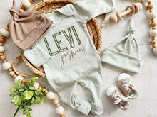 Load image into Gallery viewer, Personalized green and taupe newborn outfit, coming home outfit for baby boy, baby boy outfit, hospital outfit for boy, baby boy romper
