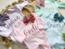 Load image into Gallery viewer, Personalized oatmeal romper with bow, custom girl coming home outfit baby shower gift custom baby name outfit handmade bow, newborn pictures
