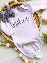 Load image into Gallery viewer, Personalized oatmeal romper with bow, custom girl coming home outfit baby shower gift custom baby name outfit handmade bow, newborn pictures
