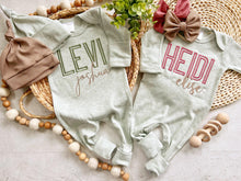 Load image into Gallery viewer, Boy girl twin coming home outfits, green footed sleeper, pink, sage twin baby outfit, baby shower gift, minimalist baby, romper outfit
