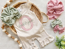 Load image into Gallery viewer, Personalized baby girl romper, vintage floral infant coming home outfit, baby shower gift, newborn outfit ruffle flutter, custom name
